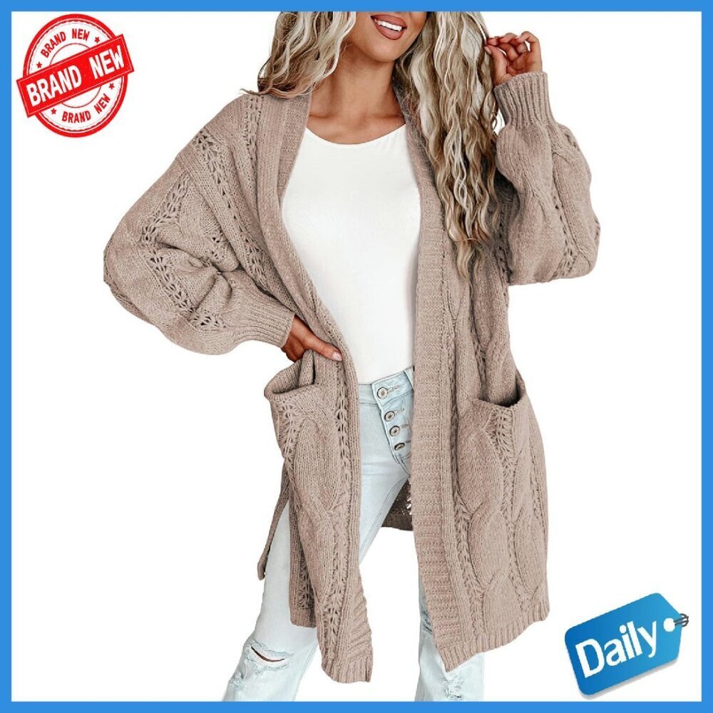 Long Open Front Cardigan with Pockets, 100% Acrylic, Lantern Sleeves